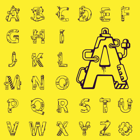 black vector set of letters of the English alphabet mechanical robot style on yellow backgroundのイラスト素材