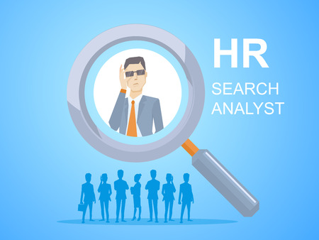 illustration of a portrait of analyst man in a jacket hand holds glasses seen through a magnifier on blue background with silhouettes of business peopleのイラスト素材