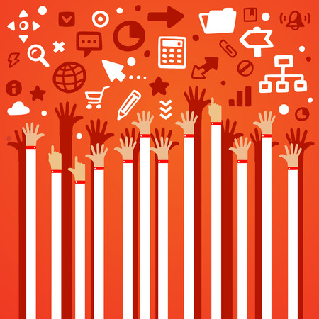 Bright illustration lots of male hands are lifted upwards on a gray background with different application iconsのイラスト素材