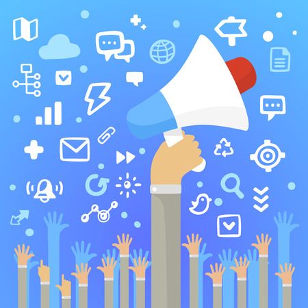 Bright illustration man and holding a large white loudspeaker above a lot of people\'s hands on a blue background with different application iconsのイラスト素材