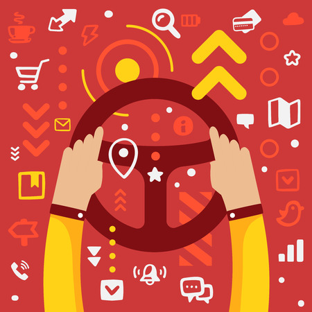 Bright illustration hands of men in business suit holding a steering wheel on a red background with different application iconsのイラスト素材