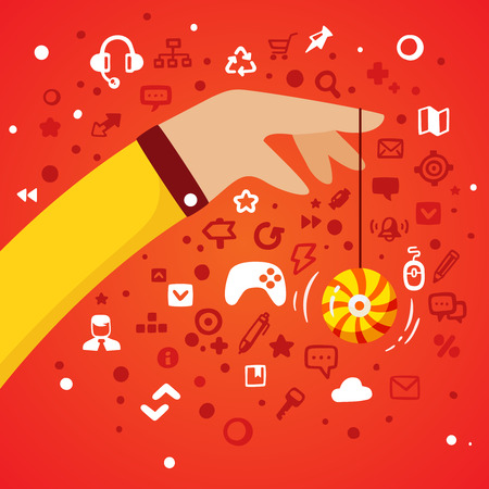 Bright illustration hand men in business suit holding a rope yo-yo on a red background with different gaming and office iconsのイラスト素材