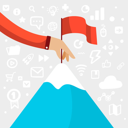 Bright illustration man hand holding a red flag and puts it on top of the blue mountains on a gray background with different application iconsのイラスト素材
