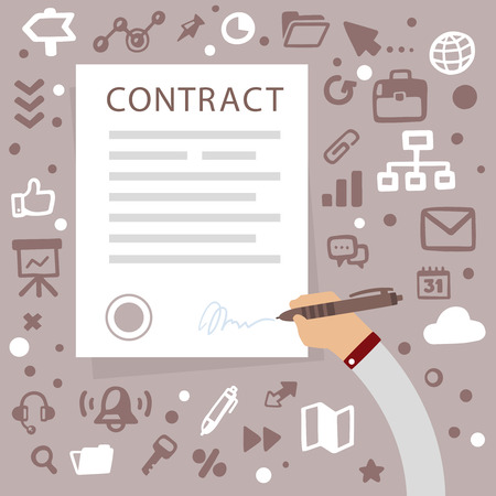 Bright illustration male hand writes contact on a gray background with different financial application iconsのイラスト素材