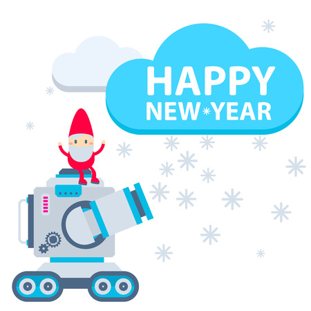 Vector illustration of the gnome operates the machine that produce snowflakes. Color bright flat design for card, banner, poster, advertising, blogのイラスト素材