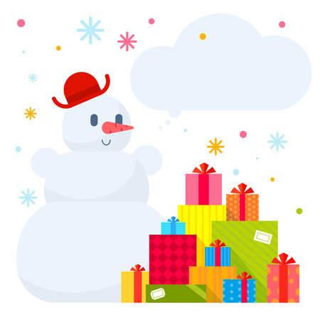 Vector illustration of the snowman and piles of presents on white background with colorful snowflakes. Color bright flat design for card, banner, poster, advertising, blogのイラスト素材