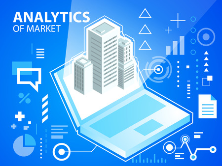 Vector bright illustration laptop and buildings on blue background for banner, web, site, design, advertising, print, poster. Eps 10.のイラスト素材