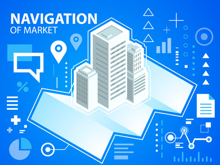 Vector bright illustration navigation map and buildings on blue background for banner, web, site, design, advertising, print, poster. Eps 10.のイラスト素材
