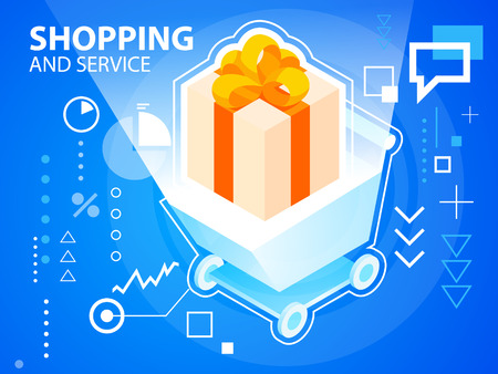 Vector bright illustration shopping trolley and gift box with bow on blue background for banner, web, site, design, advertising, print, poster. Eps 10.のイラスト素材