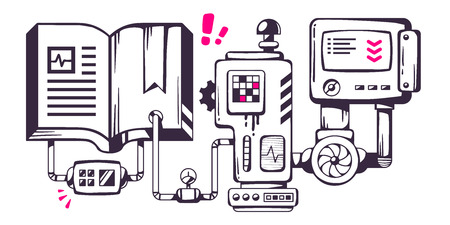 Vector industrial illustration of the mechanism of open book. Line art design for banner, print, poster, sticker, advertisingのイラスト素材