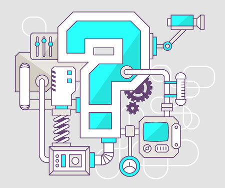 Vector industrial illustration of the mechanism of question mark. Color line art and flat design for banner, print, poster, sticker, advertisingのイラスト素材