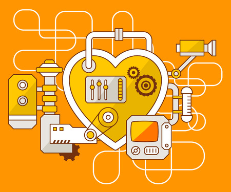 Vector industrial illustration of the mechanism of heart. Yellow color line art and flat design for banner, print, poster, sticker, advertisingのイラスト素材