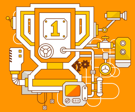 Vector industrial illustration of the mechanism of cup. Yellow color line art and flat design for banner, print, poster, sticker, advertisingのイラスト素材