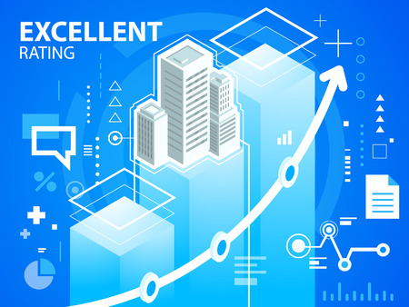 Vector bright illustration excellent rating and buildings on blue background for banner, web, site, design, advertising, print, poster. Eps 10.のイラスト素材