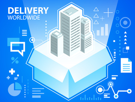 Vector bright illustration delivery box and buildings on blue background for banner, web, site, design, advertising, print, poster. Eps 10.のイラスト素材