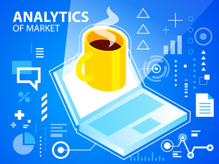 Vector bright illustration laptop and coffee on blue background for banner, web, site, design, advertising, print, poster. Eps 10.のイラスト素材