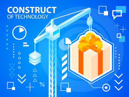 Vector bright illustration construct crine and gift box with bow on blue background for banner, web, site, design, advertising, print, poster. Eps 10.のイラスト素材