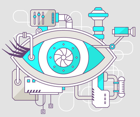 Vector industrial illustration of the mechanism of eye. Color line art and flat design for banner, print, poster, sticker, advertisingのイラスト素材