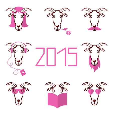 vector design illustration about the new year 2015 set heads of goat with different pink things on a white background for congratulation, postcard, print, banner, advertisingのイラスト素材