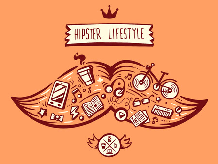 vector illustration big mustache of hipster life style with different elements on orange background. Art for banner, print, design, advertising, posterのイラスト素材