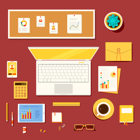 Color bright illustration concept of creative workspace, workplace of accountant, economist, office worker, businessman, manager with accessories and different objects.のイラスト素材