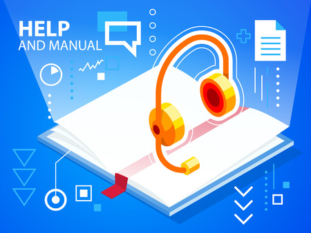 Vector bright illustration help book and head phone on blue background for banner, web, site, design, advertising, print, poster. Eps 10.のイラスト素材
