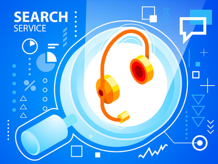 Vector bright illustration search glass and head phone on blue background for banner, web, site, design, advertising, print, poster. Eps 10.のイラスト素材