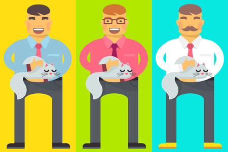 Vector flat bright illustration of set emotion men, they hold and strok a cat in hands for print, advertising, banner, poster, designのイラスト素材