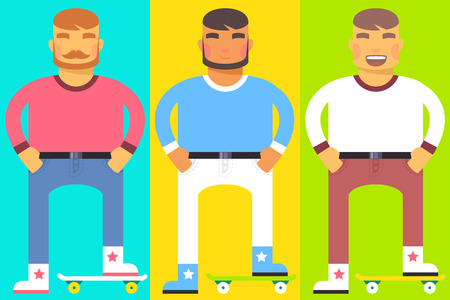 Vector flat bright illustration of set emotion men, they stand foot on a skateboard for print, advertising, banner, posterのイラスト素材