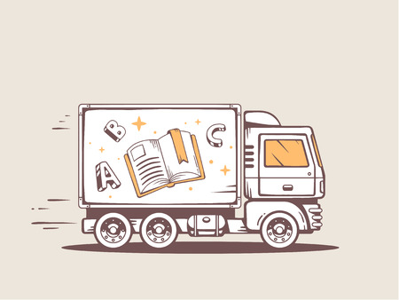 Vector illustration of truck free and fast delivering book to customer. Line art design for web, site, advertising, banner, poster, board and print.のイラスト素材