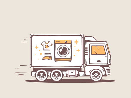 Vector illustration of truck free and fast delivering washing machine to customer. Line art design for web, site, advertising, banner, poster, board and print.のイラスト素材