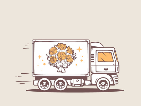 illustration of truck free and fast delivering bouquet of flowers to customerのイラスト素材