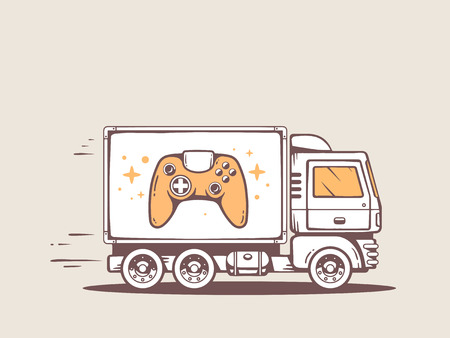 illustration of truck free and fast delivering joystick to customerのイラスト素材