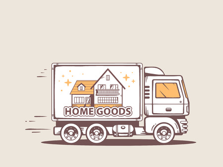 Vector illustration of truck free and fast home delivery of goods to customer. Line art design for web, site, advertising, banner, poster, board and print.のイラスト素材