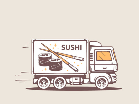 Vector illustration of truck free and fast delivering sushi to customer. Line art design for web, site, advertising, banner, poster, board and print.のイラスト素材