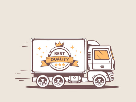 Vector illustration of truck free and fast delivery of best quality goods to customer. Line art design for web, site, advertising, banner, poster, board and print.のイラスト素材