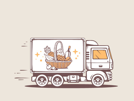 Vector illustration of truck free and fast delivering basket with food to customer. Line art design for web, site, advertising, banner, poster, board and print.のイラスト素材