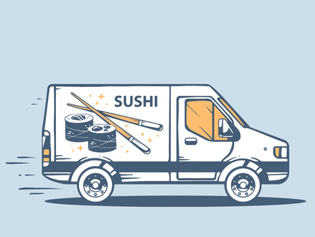 Vector illustration of van free and fast delivering sushi to customer on blue background. Line art design for web, site, advertising, banner, poster, board and print.のイラスト素材