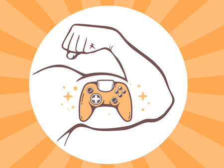 Vector illustration of strong man hand with  icon of joystick on bright background. Manly line art design for web, site, advertising, banner, poster, board and print.のイラスト素材