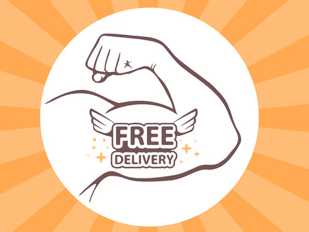 Vector illustration of strong man hand with  icon of free delivery on bright background. Manly line art design for web, site, advertising, banner, poster, board and print.のイラスト素材