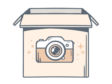 Vector illustration of open box with icon of  photo camera on white background. Line art design for web, site, advertising, banner, poster, board and print.のイラスト素材
