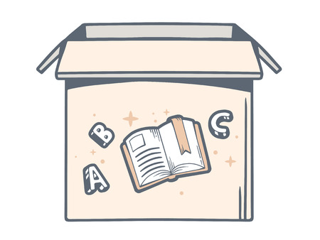 Vector illustration of open box with icon of  book on white background. Line art design for web, site, advertising, banner, poster, board and print.のイラスト素材