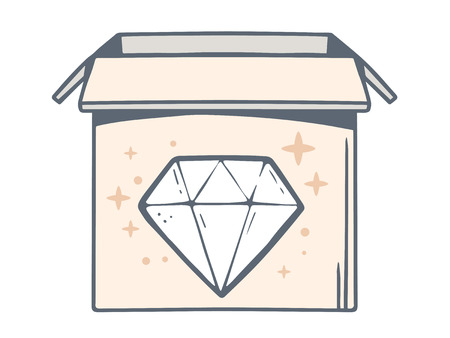 Vector illustration of open box with icon of diamond on white background. Line art design for web, site, advertising, banner, poster, board and print.のイラスト素材