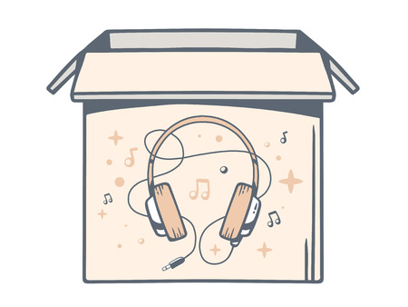Vector illustration of open box with icon of headphones on white background. Line art design for web, site, advertising, banner, poster, board and print.のイラスト素材