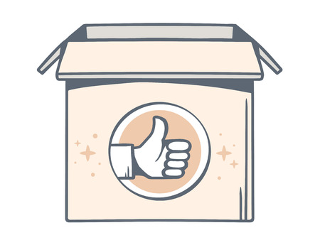 Vector illustration of open box with icon of thumb up on white background. Line art design for web, site, advertising, banner, poster, board and print.のイラスト素材