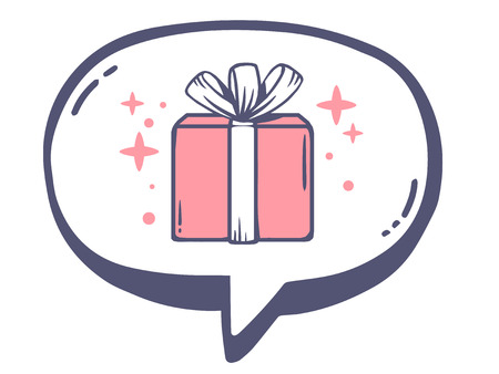 Vector illustration of bubble with icon of pink gift box on white background. Line art design for web, site, advertising, banner, poster, board and print.のイラスト素材