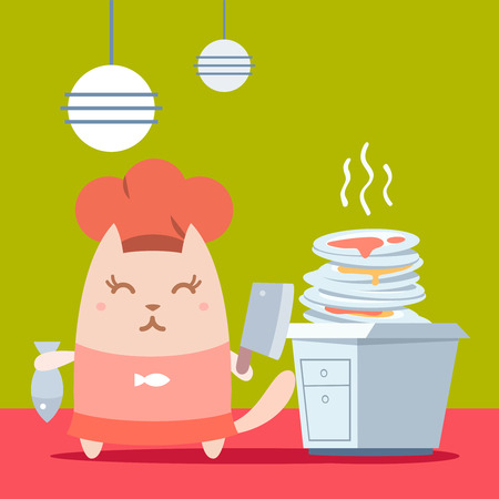 Character chef in a chef's hat colorful flat. Cat female stands in the kitchen near a pile of dirty dishes holding a cook knife and fishのイラスト素材