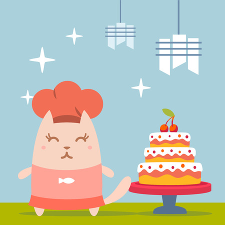 Character chef in a chef's hat colorful flat. Cat female stands near the big beautiful cakeのイラスト素材