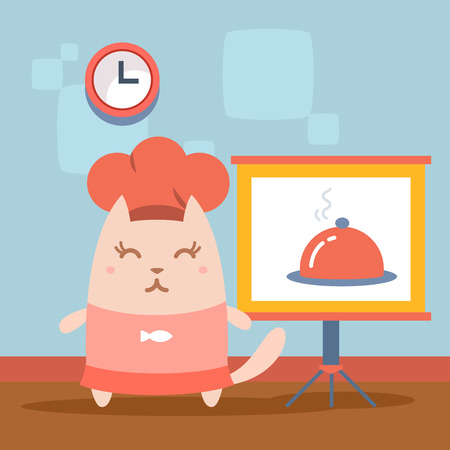 Character chef in a chef's hat colorful flat. Cat female stands indoors near blackboard for notesのイラスト素材