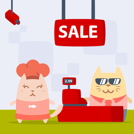 Character chef in a chef's hat colorful flat. Cat female stands in the store near the cash registerのイラスト素材